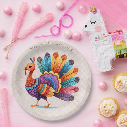 Erntedank Bright Feathers Türkei Papierplatte Pappteller (Party)