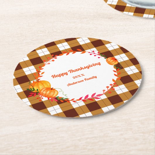 Erntedank Brown White Kariert Pumpkin Runder Pappuntersetzer (Angewinkelt)