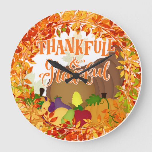 Erntedank Cornucopia - Dankbar und Dankbar Große Wanduhr (Vorderseite)
