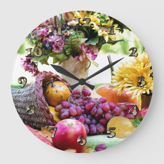 Erntedank Cronucopia mit Obst und Blume Große Wanduhr (Vorderseite)
