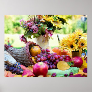 Erntedank Cronucopia mit Obst und Blume Poster
