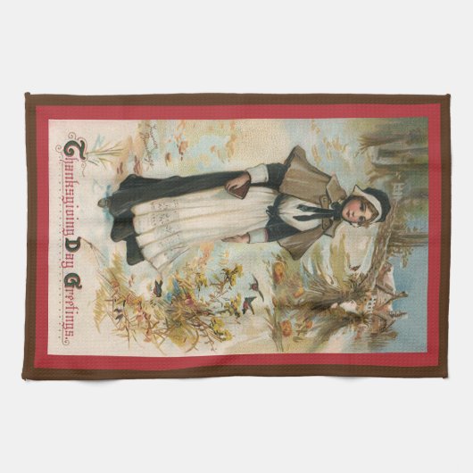 Erntedank Day Greetings mit einer Pilgerin Geschirrtuch (Horizontal)