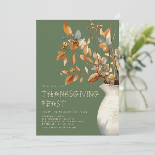 Erntedank Dinner Fall Olive Green Freundschaft Einladung (Stehend Vorderseite)