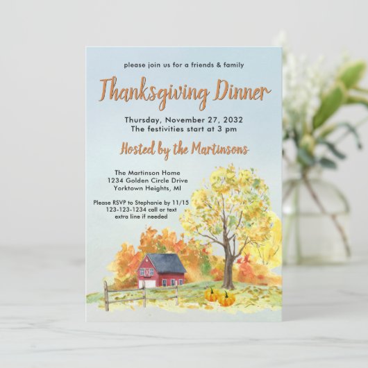 Erntedank Dinner Fall Scene Pumpkins Einladung (Stehend Vorderseite)
