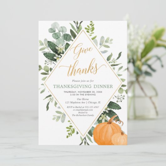 Erntedank Dinner grüne Blätter Gold Einladung (Stehend Vorderseite)