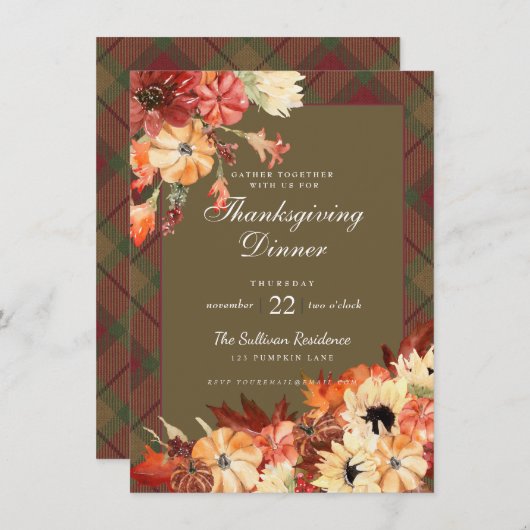 Erntedank Dinner Herbst Kürbiskürbis Tartan Einladung (Vorne/Hinten)