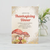 Erntedank Dinner Herbst Rote Pilze Gold Einladung (Stehend Vorderseite)