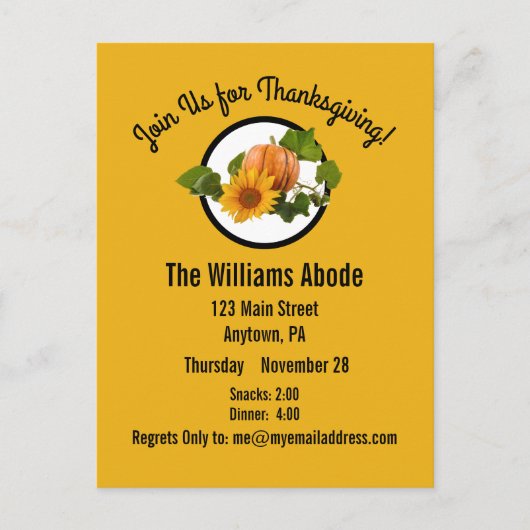 Erntedank Dinner in Pumpkin Pie Orange Custom Postkarte (Vorderseite)