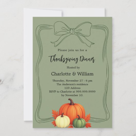 Erntedank-Dinner Kürbis Bogen gedämpfte Moos grün Einladung (Vorderseite)