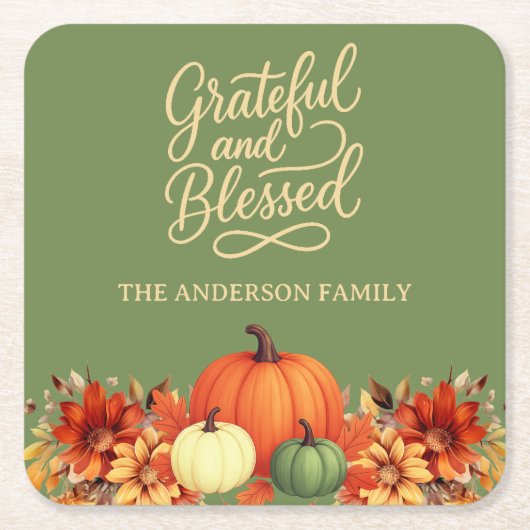 Erntedank Dinner Kürbis grün Grateful gesegnet Rechteckiger Pappuntersetzer (Vorderseite)