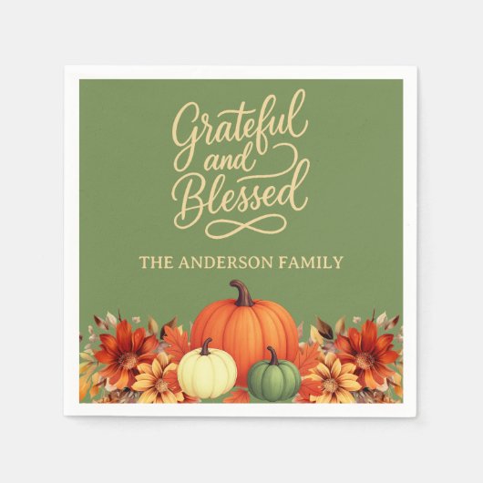 Erntedank Dinner Kürbis grün Grateful gesegnet Serviette (Vorderseite)