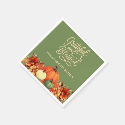 Erntedank Dinner Kürbis grün Grateful gesegnet Serviette (Ecke)