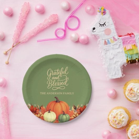 Erntedank Dinner Kürbis grün Grateful Pappteller (Party)
