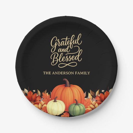 Erntedank Dinner Kürbis schwarz Grateful gesegnet Pappteller (Vorderseite)