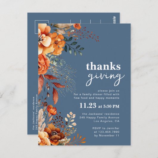 Erntedank Dinner mit blühender Einladung Postkarte (Vorne/Hinten)