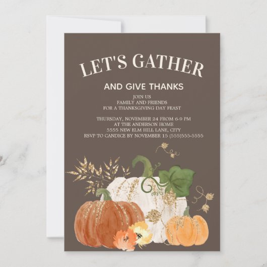Erntedank Dinner Orange White Pumpkins Brown Einladung (Vorderseite)