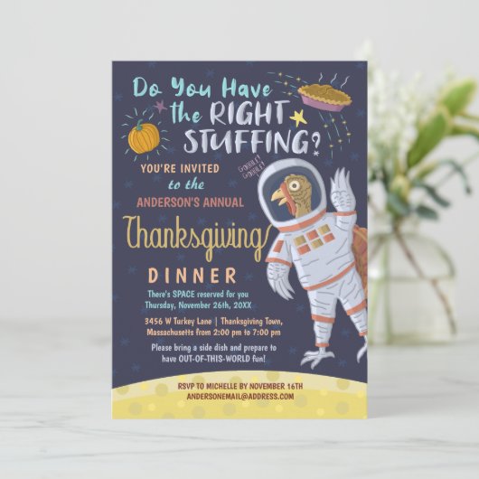 Erntedank Dinner Party Funny Astronaut Türkei Einladung (Stehend Vorderseite)