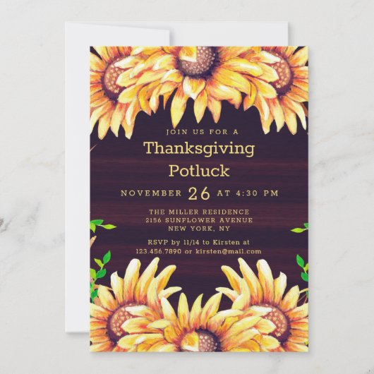 Erntedank Dinner Potluck Rustic Fall Sonnenblumen Einladung (Vorderseite)