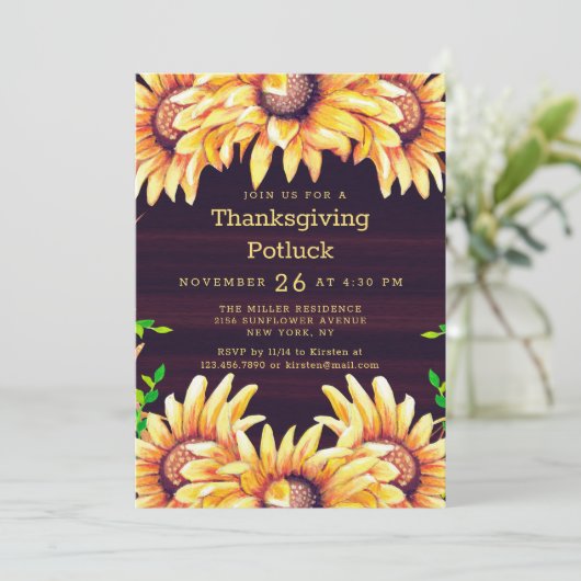 Erntedank Dinner Potluck Rustic Fall Sonnenblumen Einladung (Stehend Vorderseite)