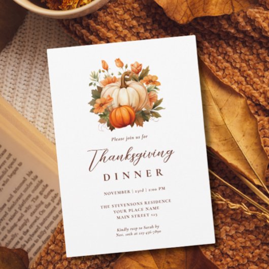 Erntedank Dinner Pumpkin Floral Script Weiß Einladung