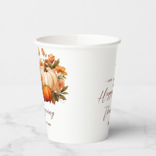 Erntedank Dinner Pumpkin Floral Script Weiß Pappbecher (Links)