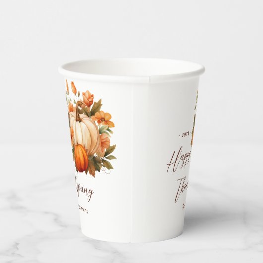 Erntedank Dinner Pumpkin Floral Script Weiß Pappbecher (Rechts)