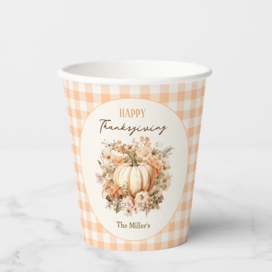 Erntedank Dinner Pumpkin Gingham Pastel Orange Pappbecher (Vorderseite)