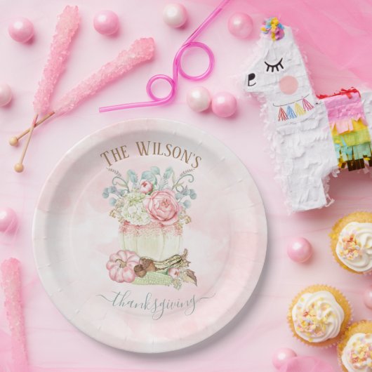 Erntedank Dinner Pumpkin Pink Green Pappteller (Party)