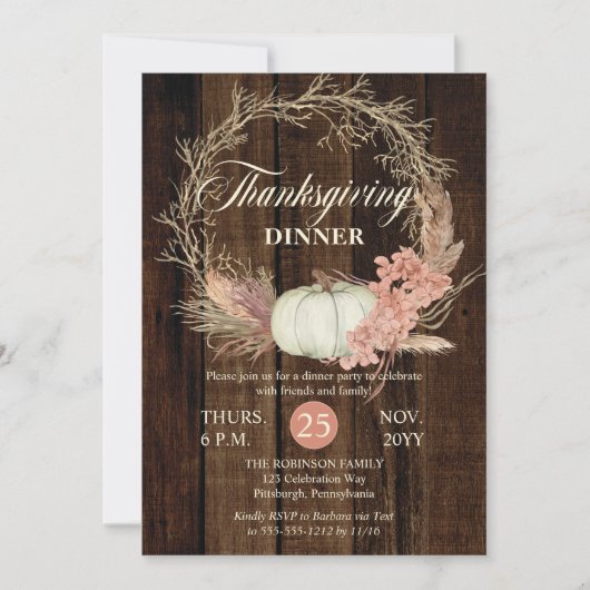 Erntedank Dinner Rustic Pumpkin Pampas Wreath Einladung (Vorderseite)