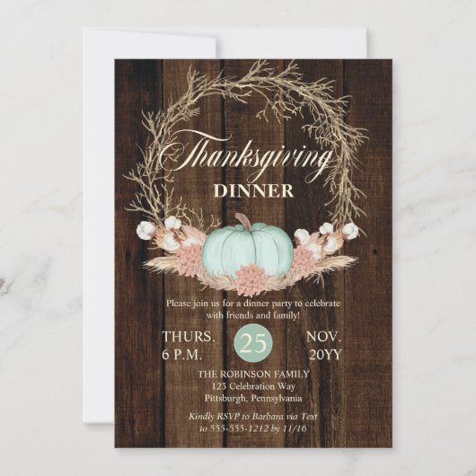 Erntedank Dinner Rustic Pumpkin Pampas Wreath Einladung (Vorderseite)