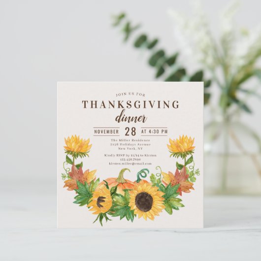 Erntedank Dinner Rustikale Sonnenblume Kürbis Einladung (Stehend Vorderseite)