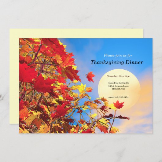 Erntedank Dinner Sonne und Fall Baum Einladung (Vorne/Hinten)