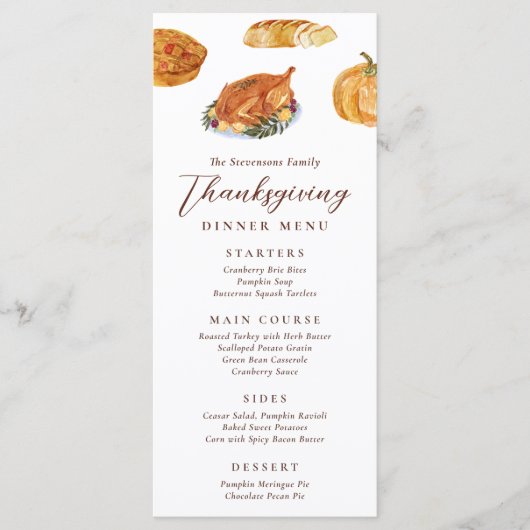 Erntedank Dinner Turkey & Pie Wasserfarbe Rustikal Menükarte (Vorderseite)