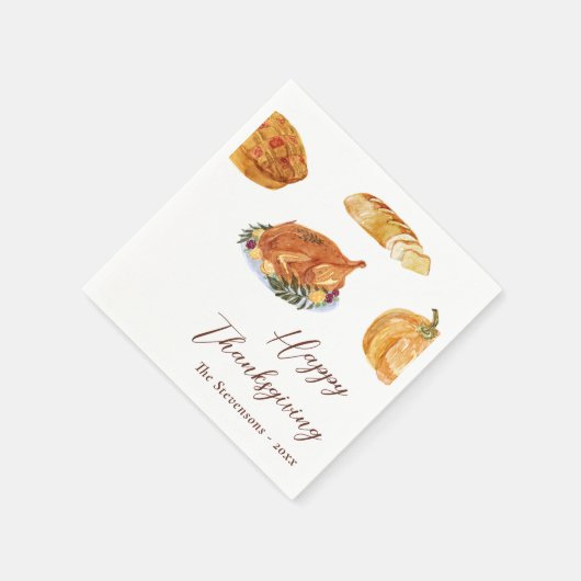 Erntedank Dinner Turkey & Pie Wasserfarbe Rustikal Serviette (Ecke)