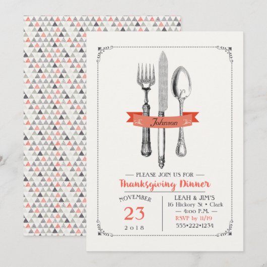 Erntedank Dinner Utensitis Peach Gray Einladung (Vorne/Hinten)