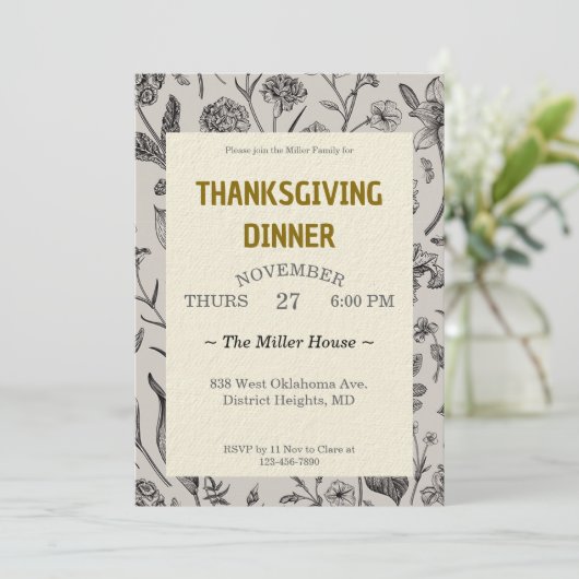 Erntedank Dinner Vintag Botanicale Einladung (Stehend Vorderseite)