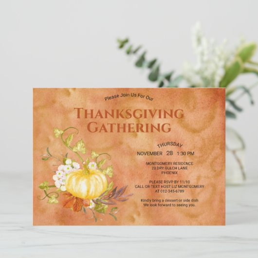 Erntedank Dinner Wasserfarbe Pumpkin Blätter Einladung (Stehend Vorderseite)