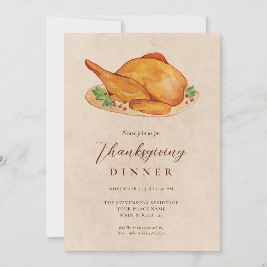 Erntedank Dinner Wasserfarbe Türkei Fall Rustikal Einladung (Vorderseite)