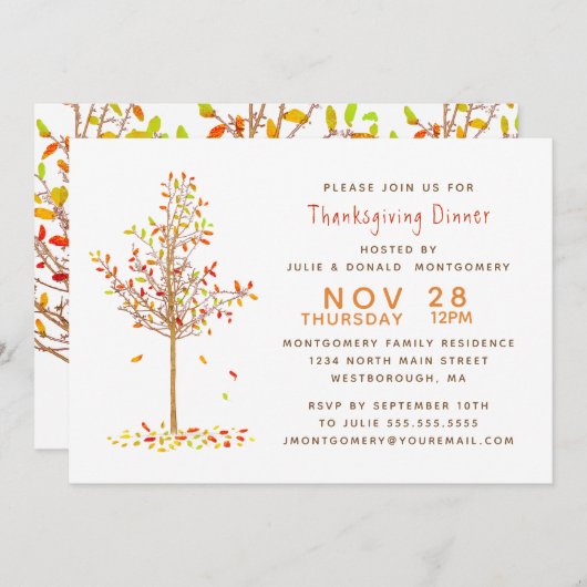 Erntedank Dinner Wasserfarben Herbstbaum Blätter Einladung (Vorne/Hinten)