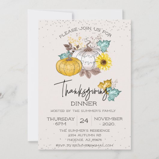 Erntedank Dinner White Glitzer Pumpkin Einladung (Vorderseite)