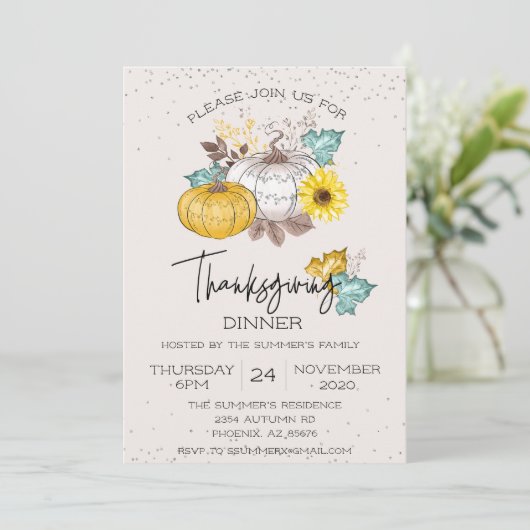 Erntedank Dinner White Glitzer Pumpkin Einladung (Stehend Vorderseite)