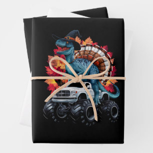 Erntedank-Dinosaurier-T-Rex-Monstertruck Geschenkpapier Set