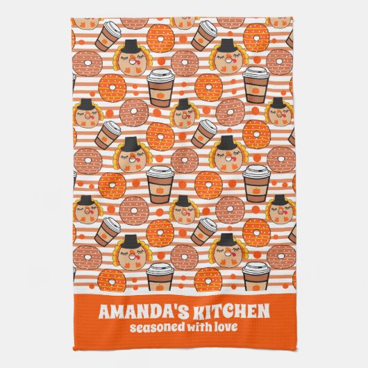 Erntedank Donuts und Kaffeefall Orangenstreifen Geschirrtuch (Vertikal)