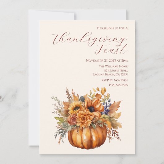 Erntedank-Elegant Pumpkin mit Blume- Einladung (Vorderseite)