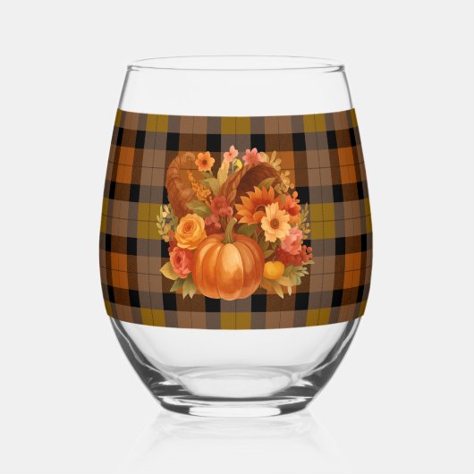 Erntedank ernten Cornucopia auf Kariert Weinglas Ohne Stiel (Vorderseite)