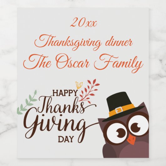 Erntedank-Eule-Flasche Lebensmittel- und Getränked Weinetikett (Einzelnes Label)