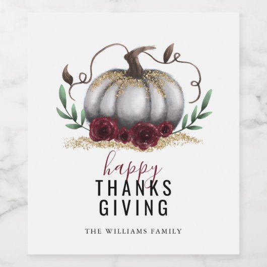 Erntedank Fall Floral Pumpkin Weinetikett (Einzelnes Label)