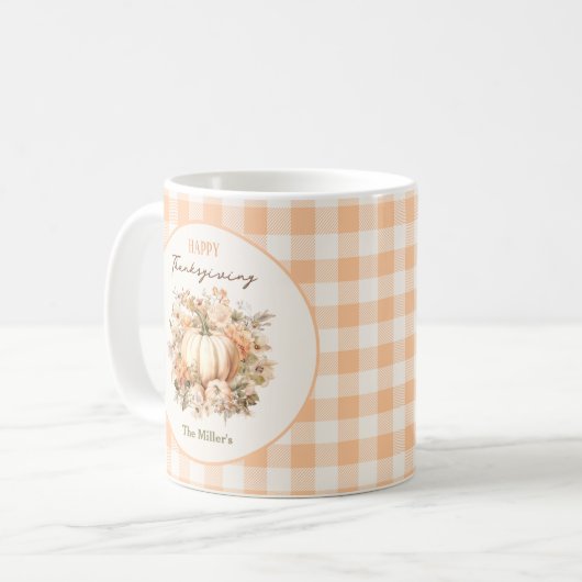 Erntedank Fall Pumpkin Gingham Pastel Name Kaffeetasse (Vorderseite Links)
