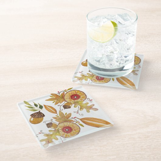 Erntedank Fall Stimmung Wasserfarbe Glasuntersetzer (Schrägansicht)