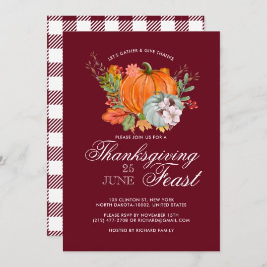 Erntedank Fest Dinner Rustikale Kürbisröte Einladung (Vorne/Hinten)